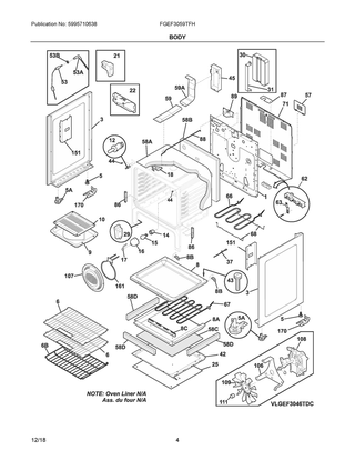 Body Diagram and Parts List for  Frigidaire Range