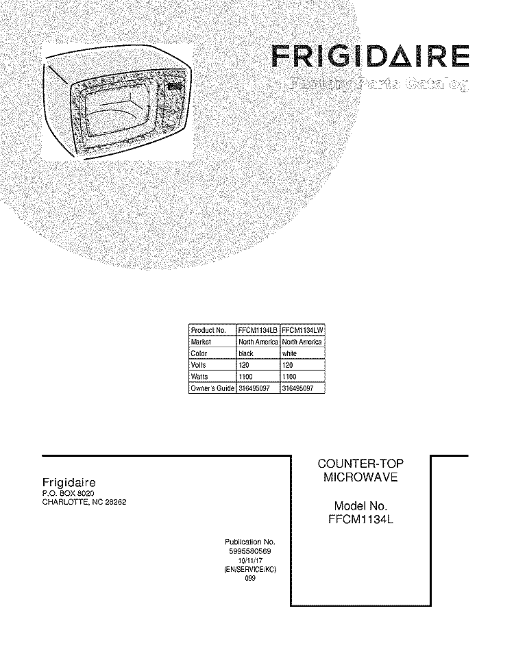 COVER Diagram and Parts List for FFCM1134LW  Frigidaire Microwave