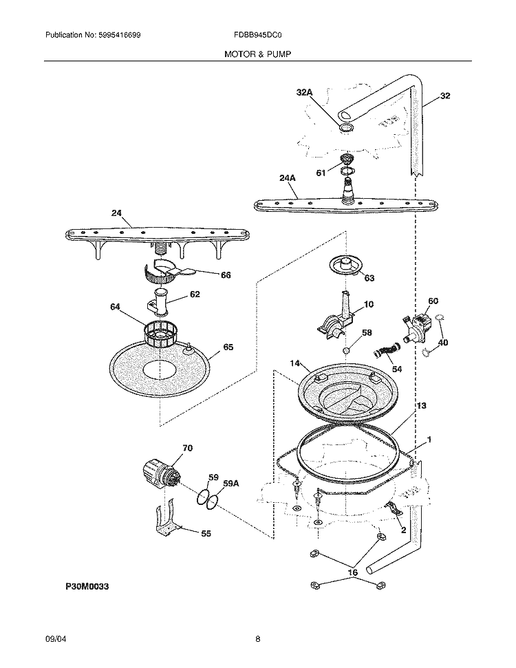MOTOR & PUMP Diagram and Parts List for  Frigidaire Dishwasher
