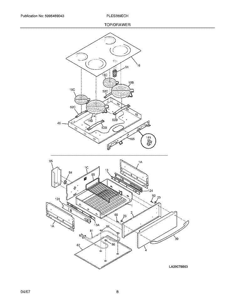 TOP / DRAWER Diagram and Parts List for  Frigidaire Range