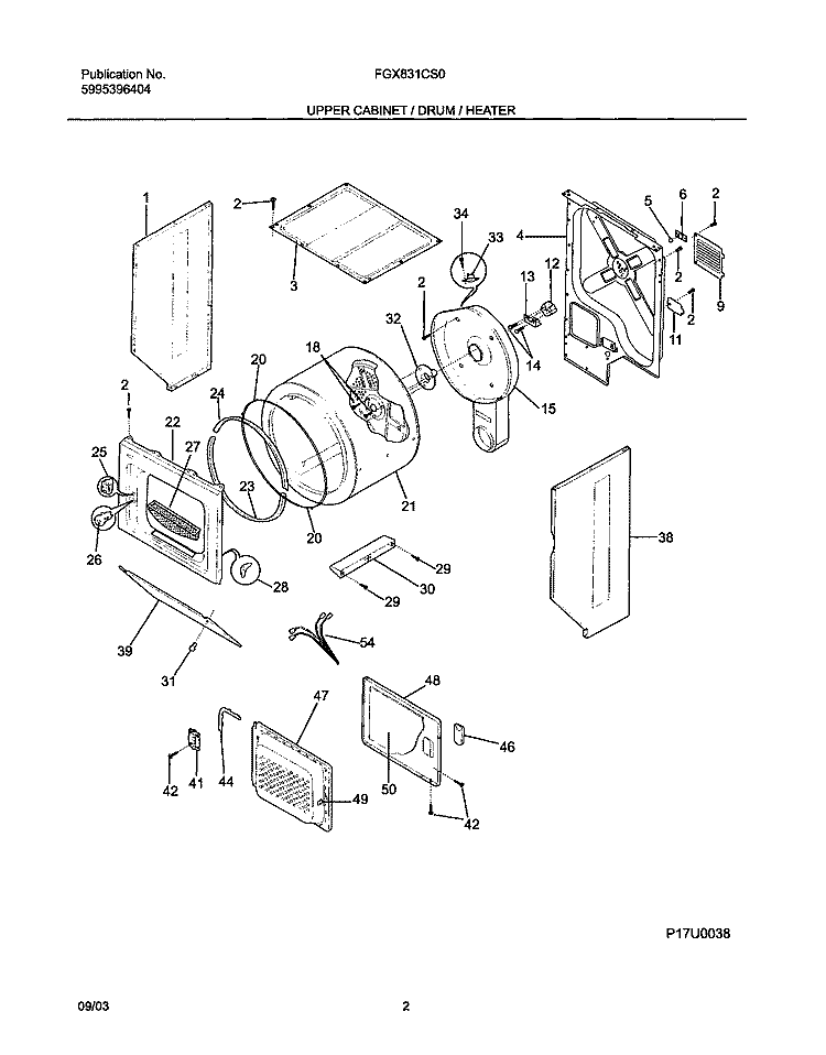UPPER CABINET / DRUM / HEATER Diagram and Parts List for  Frigidaire Washer Dryer Combo