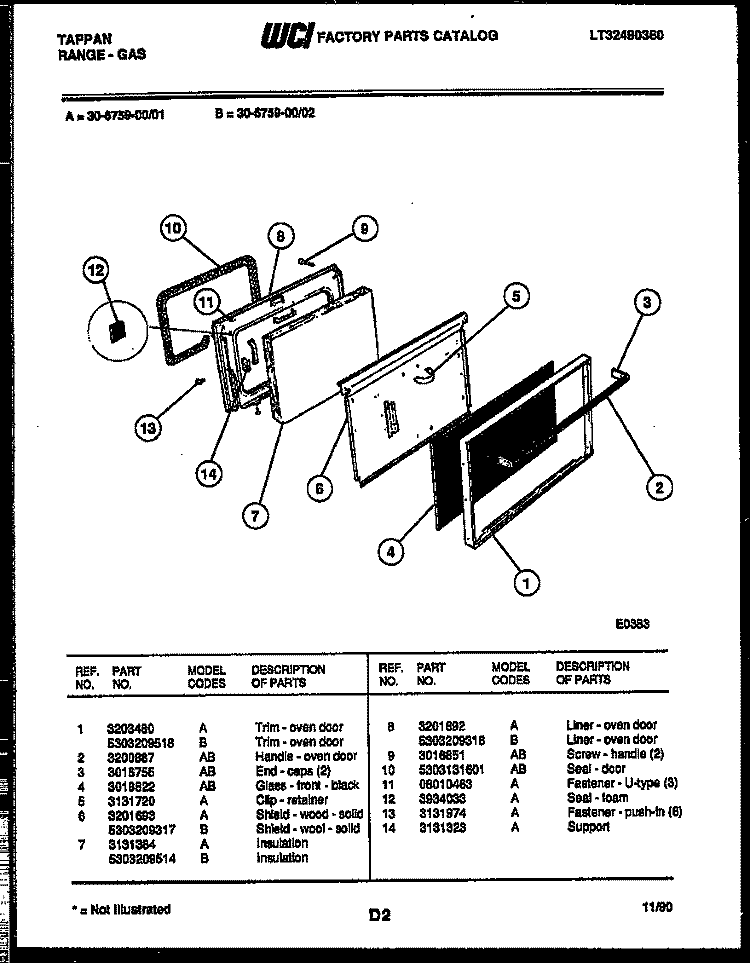DOOR PARTS Diagram and Parts List for  Tappan Range