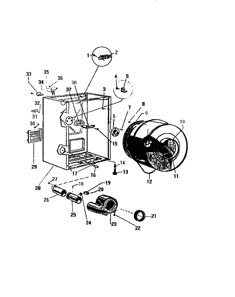 CABINET, DRUM, HEATER HOUSING Diagram and Parts List for DE661JDD1  Frigidaire Dryer