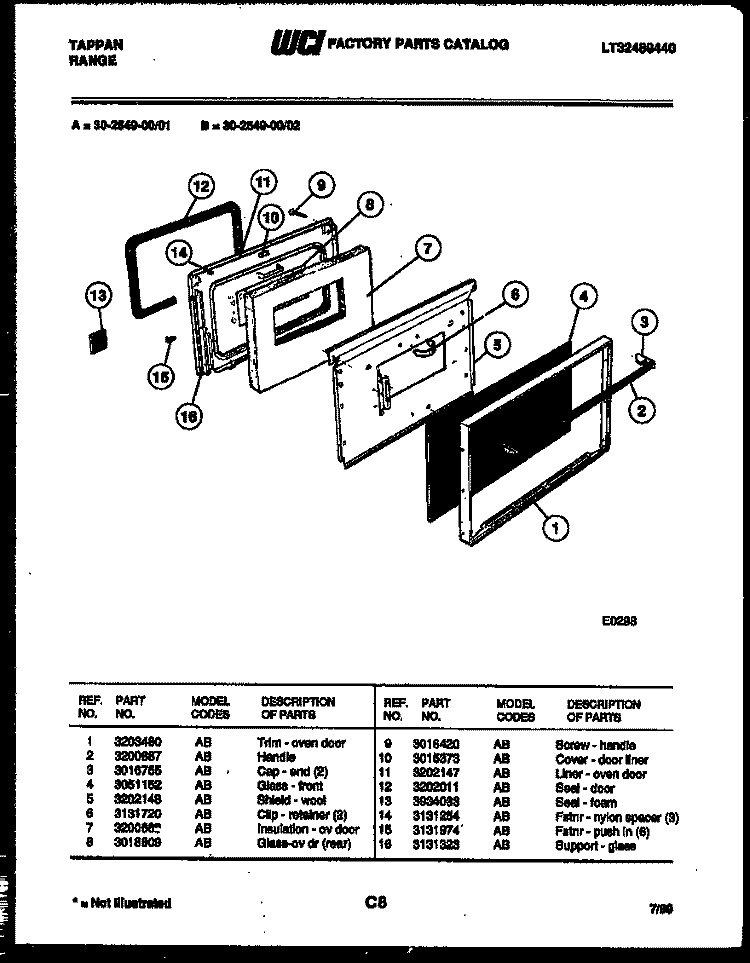 DOOR PARTS Diagram and Parts List for  Tappan Range