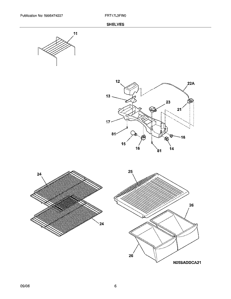 SHELVES Diagram and Parts List for FRT17L3FW0  Frigidaire Refrigerator