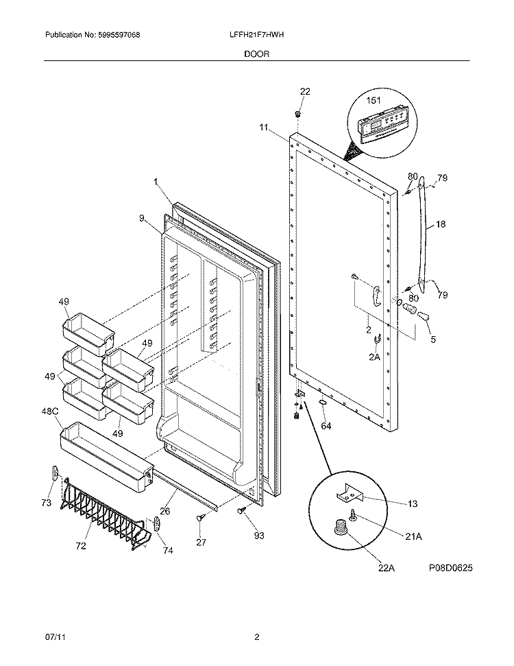 DOOR Diagram and Parts List for  Frigidaire Freezer