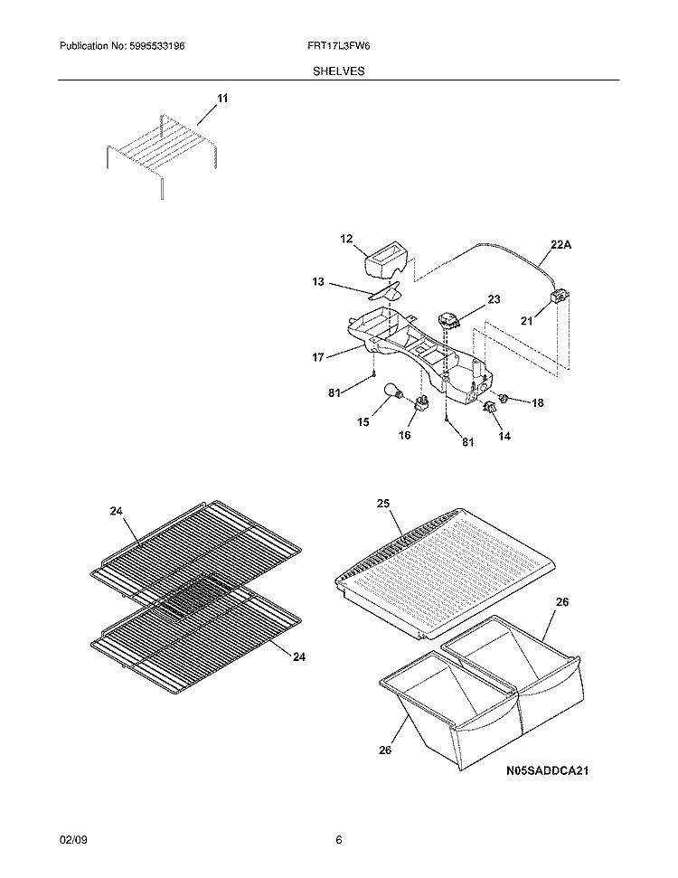 SHELVES Diagram and Parts List for FRT17L3FW6  Frigidaire Refrigerator