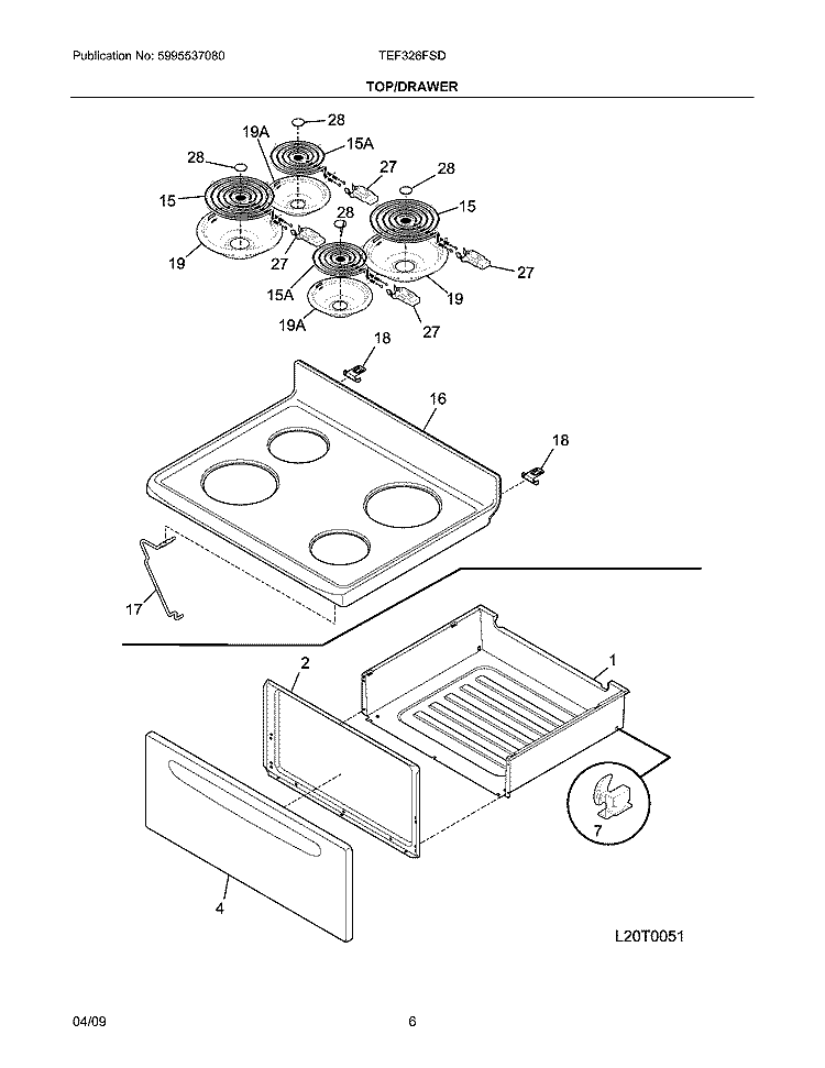 TOP/DRAWER Diagram and Parts List for  Tappan Range