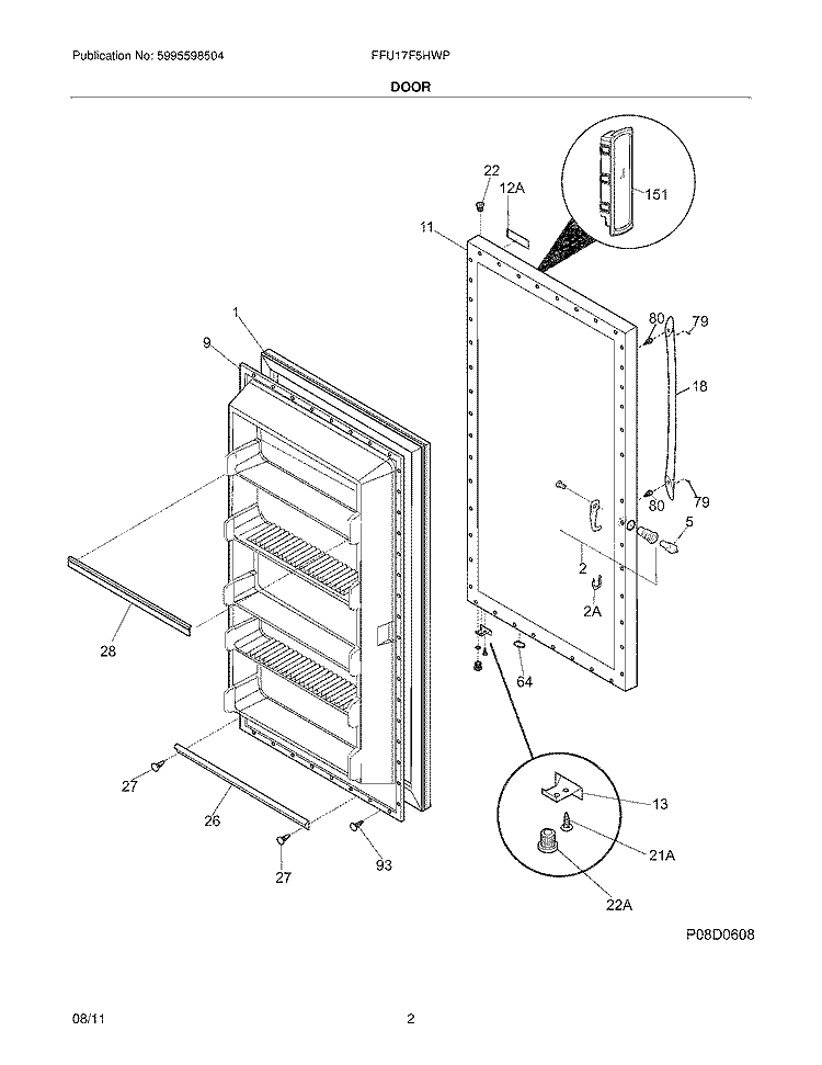 DOOR Diagram and Parts List for  Frigidaire Freezer
