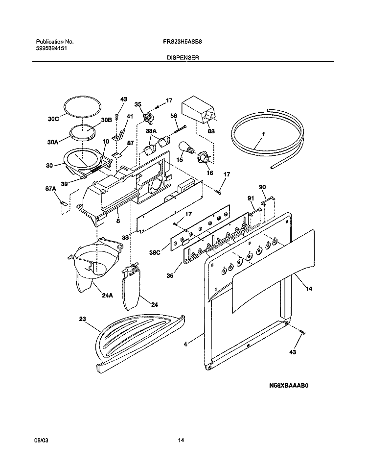 DISPENSER Diagram and Parts List for  Frigidaire Refrigerator
