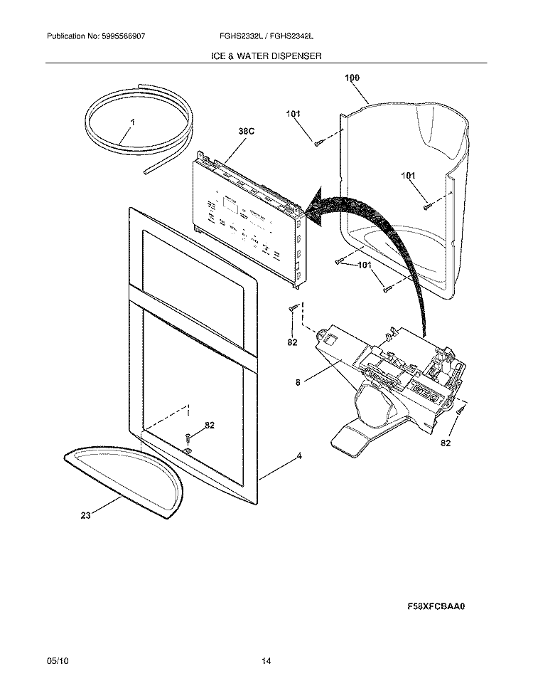 ICE & WATER DISPENSER Diagram and Parts List for  Frigidaire Refrigerator