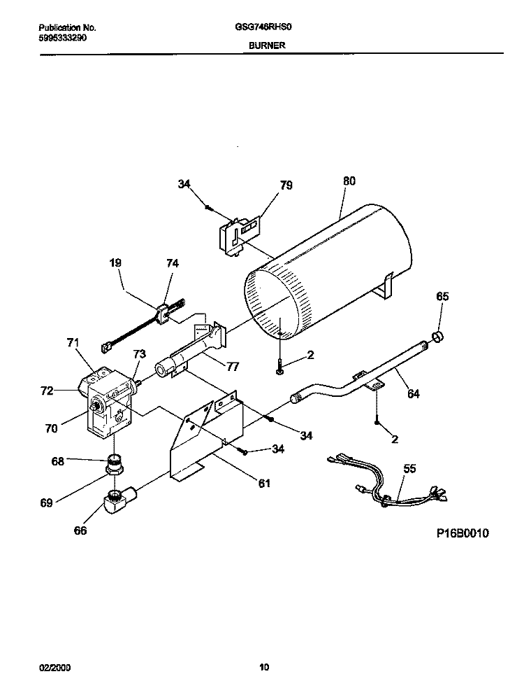 P16B0010 BURNER, VALVE Diagram and Parts List for GSG746RHS0  Gibson Dryer