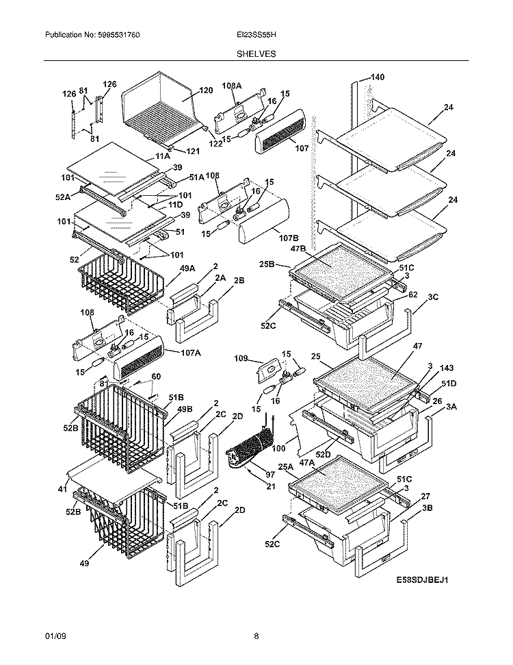 SHELVES Diagram and Parts List for  Electrolux Refrigerator