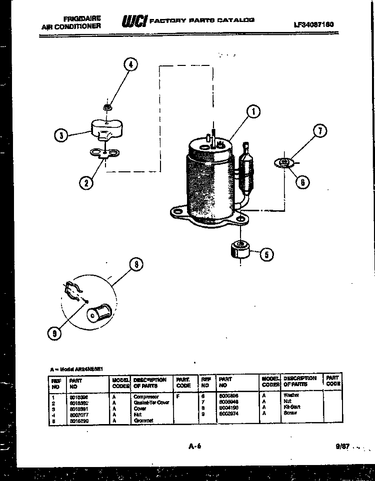 COMPRESSOR PARTS Diagram and Parts List for  Frigidaire Air Conditioner