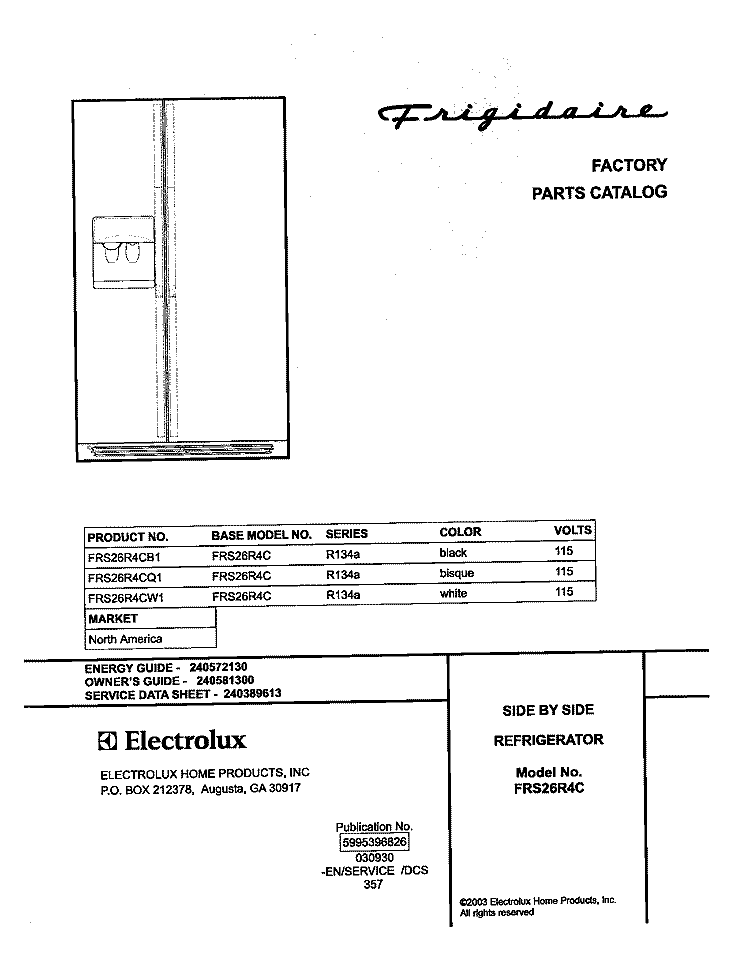COVER Diagram and Parts List for FRS26R4CB1  Frigidaire Refrigerator