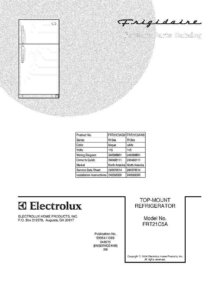 COVER Diagram and Parts List for  Frigidaire Refrigerator