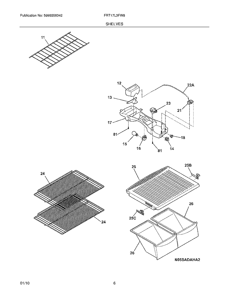 SHELVES Diagram and Parts List for FRT17L3FW8  Frigidaire Refrigerator