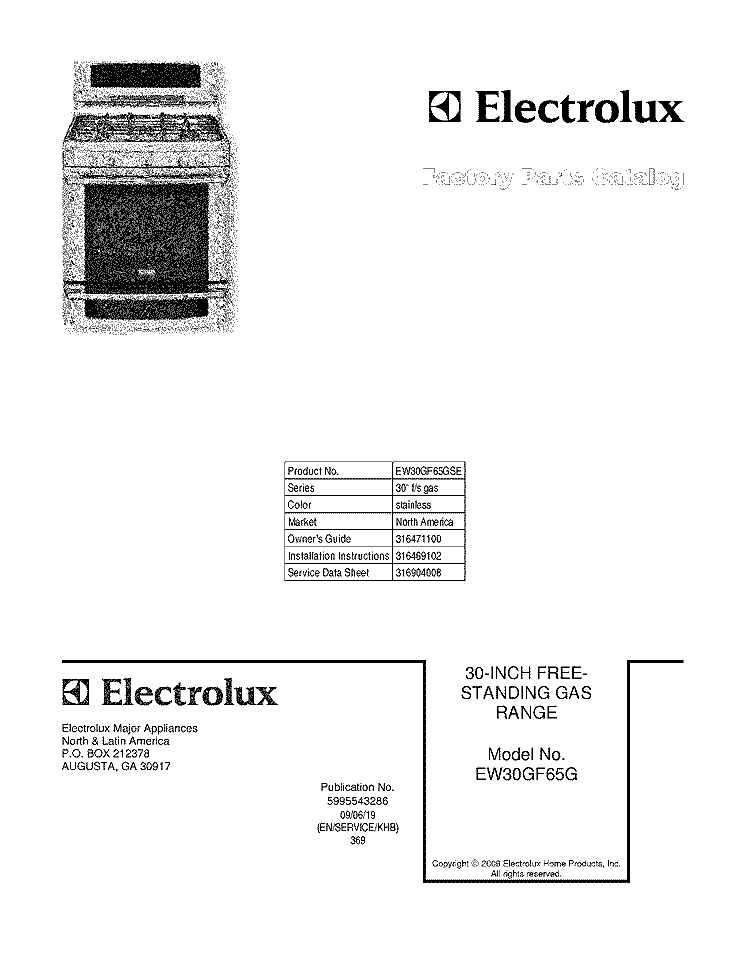 COVER Diagram and Parts List for  Electrolux Range