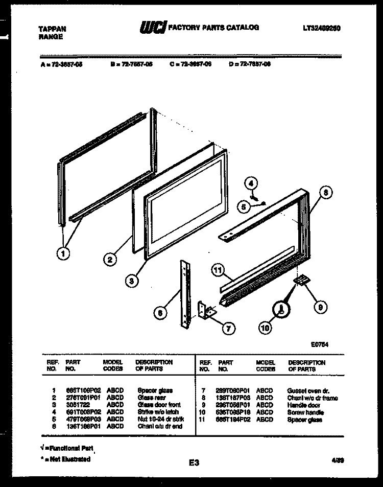 UPPER OVEN DOOR PARTS Diagram and Parts List for  Tappan Range