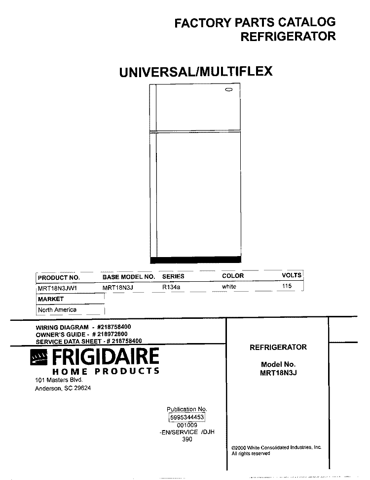 COVER Diagram and Parts List for MRT18N3JW1  Uni Refrigerator