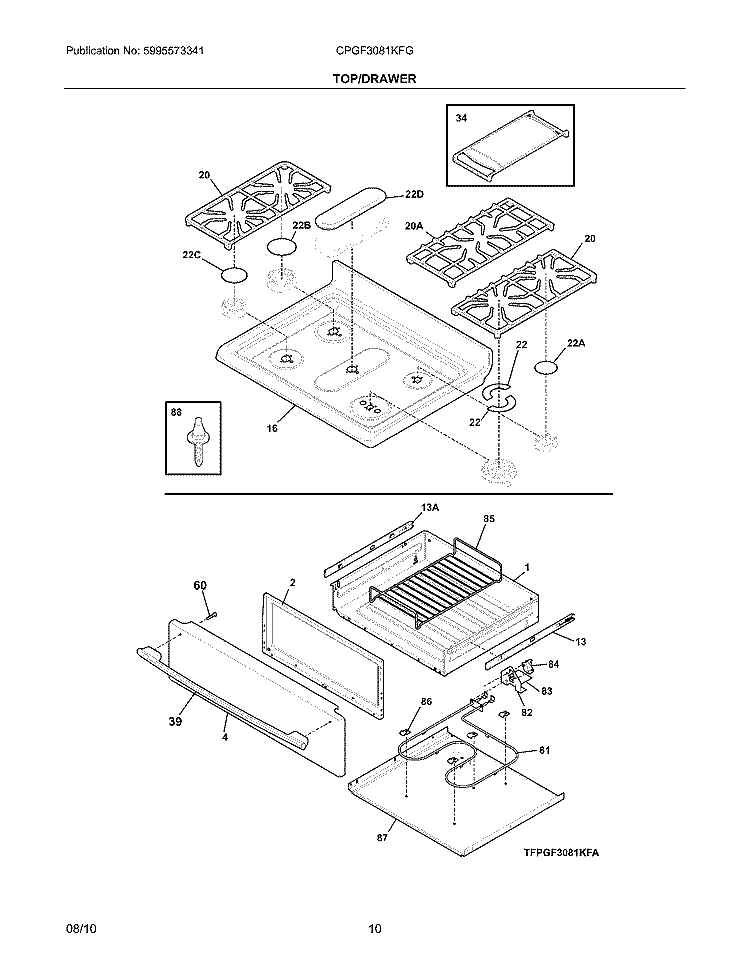 TOP/DRAWER Diagram and Parts List for  Frigidaire Range