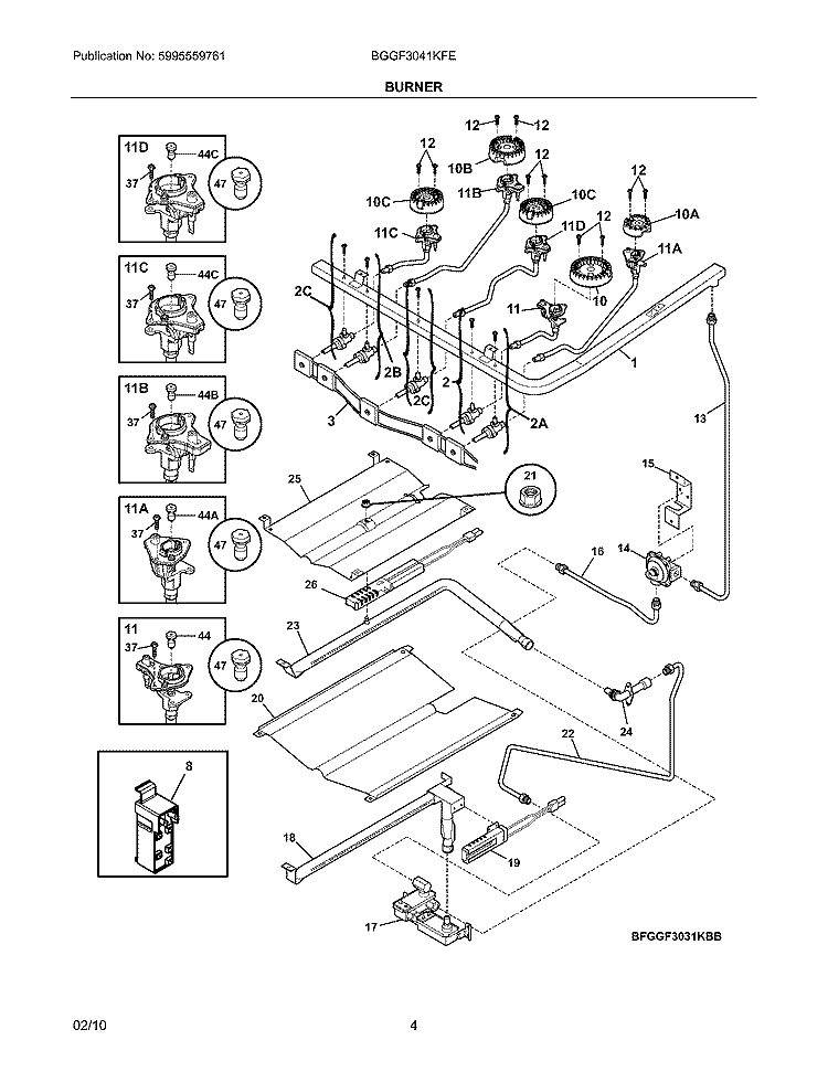 BURNER Diagram and Parts List for  Frigidaire Range
