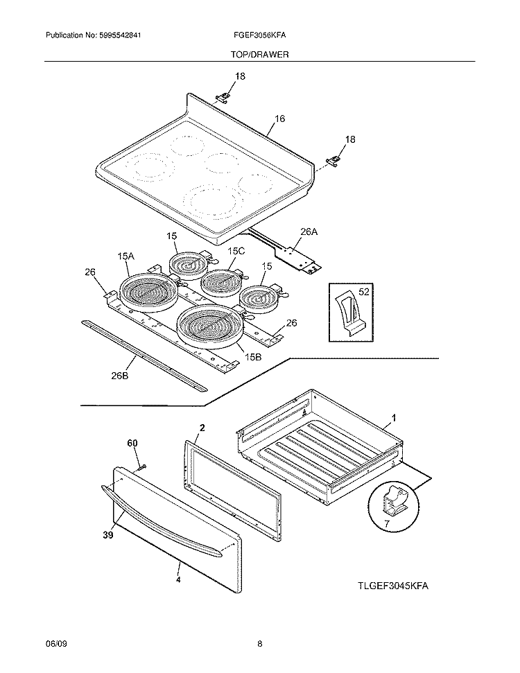 TOP/DRAWER Diagram and Parts List for  Frigidaire Range
