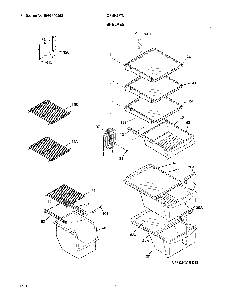 SHELVES Diagram and Parts List for  Frigidaire Refrigerator