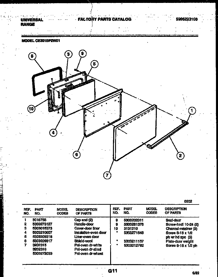 DOOR PARTS Diagram and Parts List for  Frigidaire Range