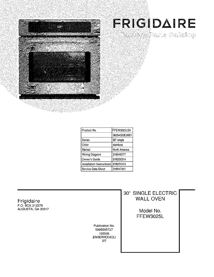 COVER Diagram and Parts List for  Frigidaire Wall Oven