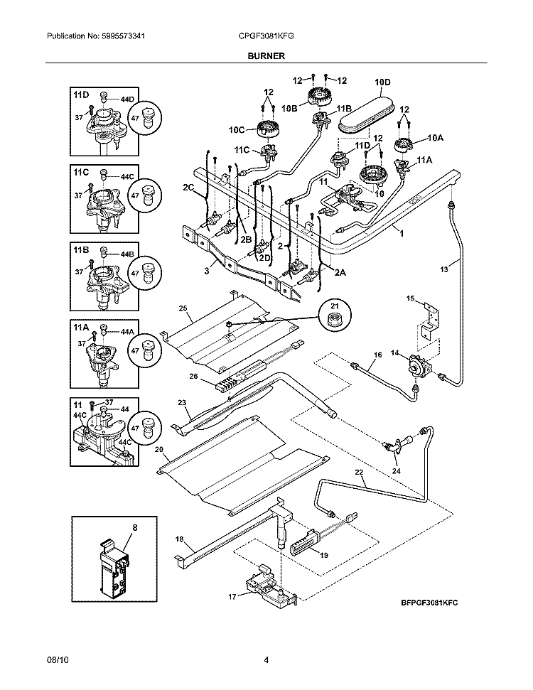 BURNER Diagram and Parts List for  Frigidaire Range