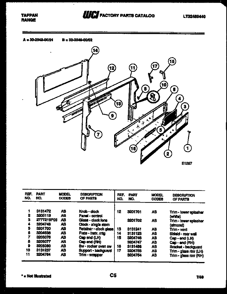 BACKGUARD Diagram and Parts List for  Tappan Range