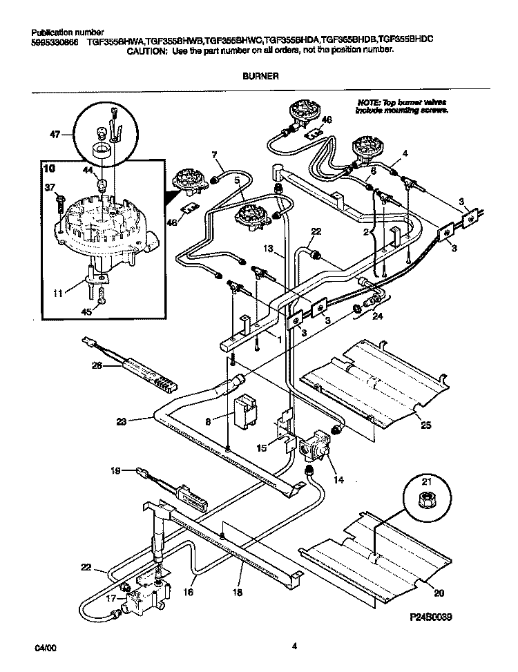 BURNER Diagram and Parts List for  Tappan Range