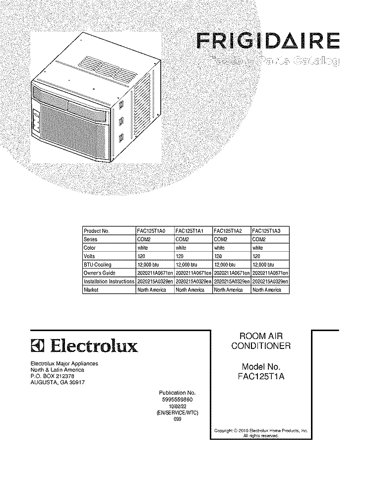 COVER Diagram and Parts List for  Frigidaire Air Conditioner