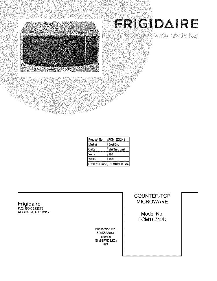 COVER Diagram and Parts List for FCM16Z12KS  Frigidaire Microwave