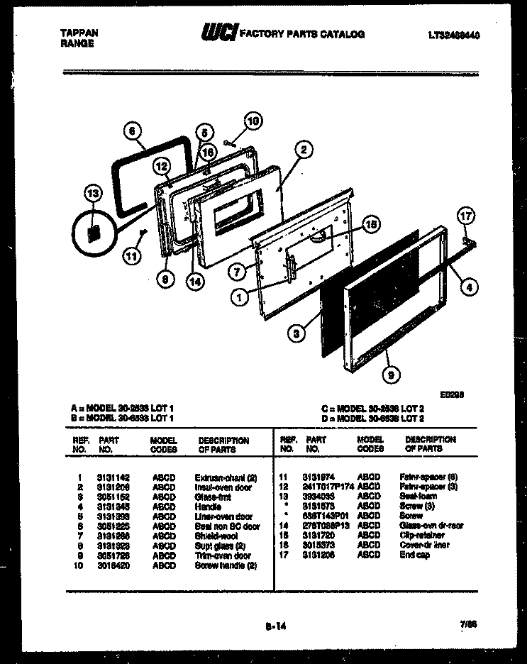 DOOR PARTS Diagram and Parts List for  Tappan Range