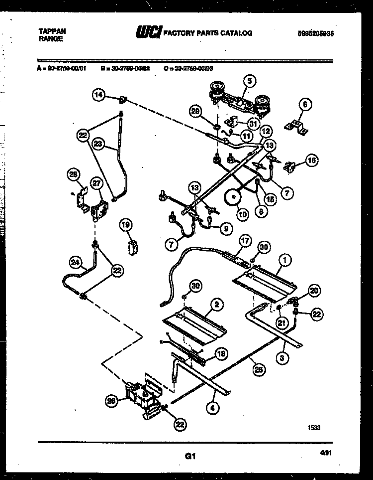 BURNER, MANIFOLD AND GAS CONTROL Diagram and Parts List for  Tappan Range