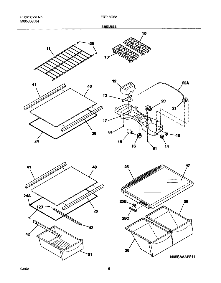 SHELVES Diagram and Parts List for FRT18G5AQ1  Frigidaire Refrigerator
