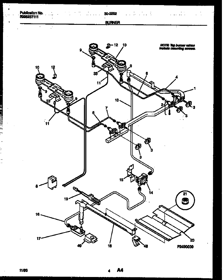 BURNER PARTS Diagram and Parts List for  Tappan Range