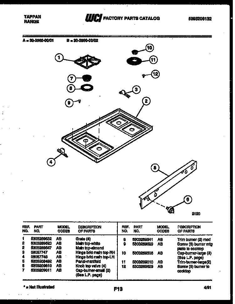 COOKTOP PARTS Diagram and Parts List for  Tappan Range