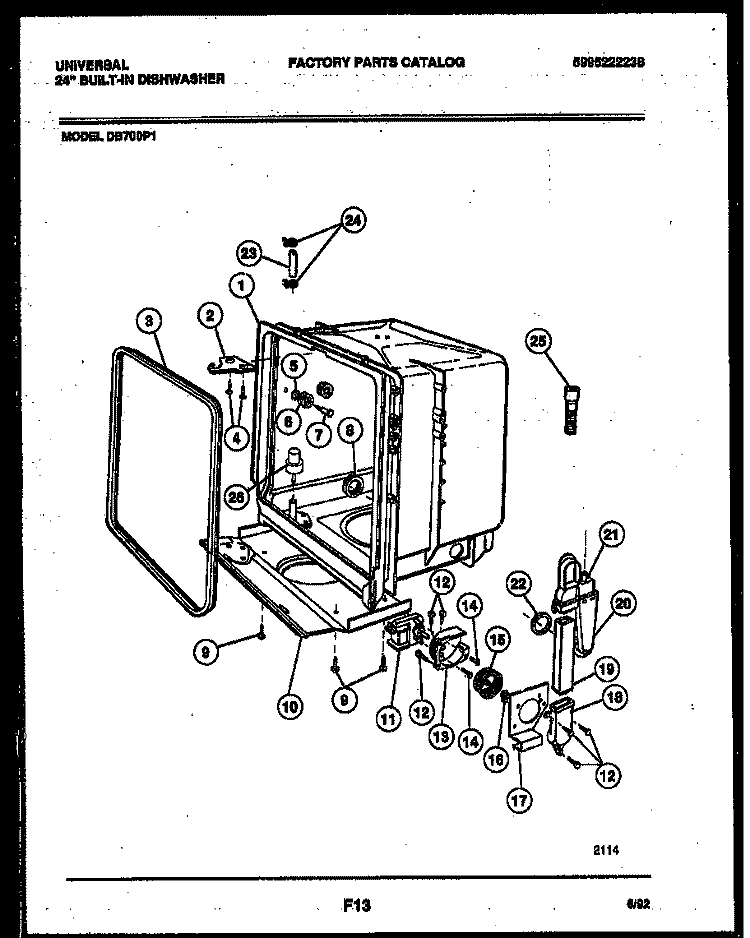 TUB AND FRAME PARTS Diagram and Parts List for  Frigidaire Dishwasher