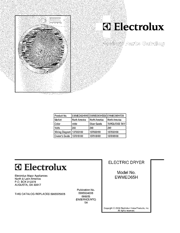 COVER Diagram and Parts List for  Electrolux Dryer