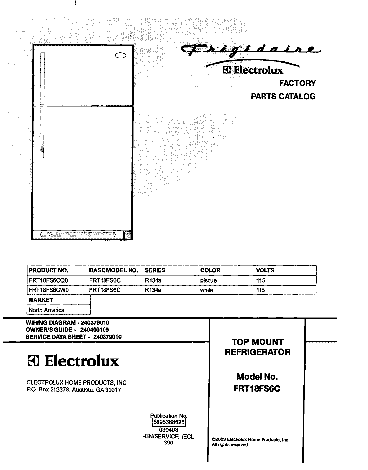 COVER Diagram and Parts List for FRT18FS6CQ0  Frigidaire Refrigerator