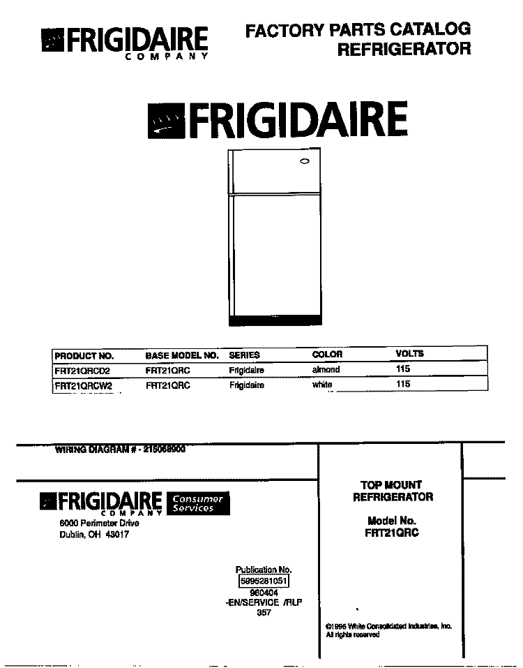 COVER Diagram and Parts List for  Frigidaire Refrigerator