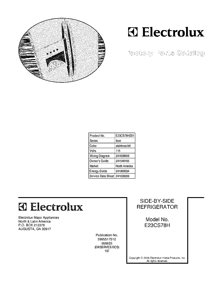 COVER Diagram and Parts List for  Electrolux Refrigerator