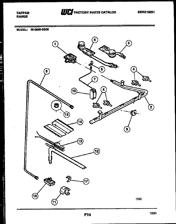 BURNER, MANIFOLD AND GAS CONTROL Diagram and Parts List for  Tappan Range