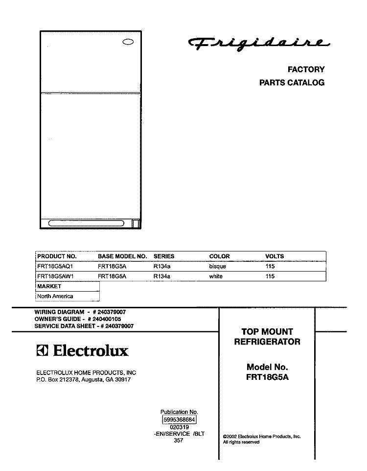COVER Diagram and Parts List for FRT18G5AQ1  Frigidaire Refrigerator