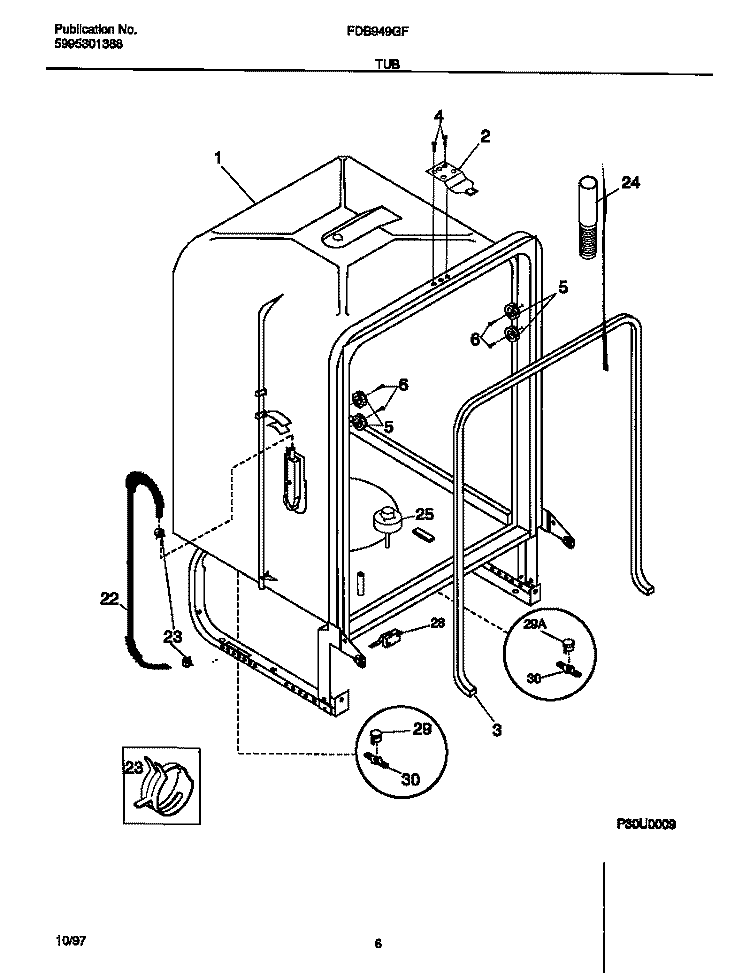 TUB Diagram and Parts List for  Frigidaire Dishwasher