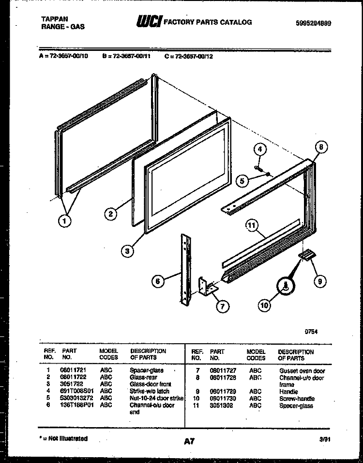 UPPER OVEN DOOR PARTS Diagram and Parts List for  Tappan Range