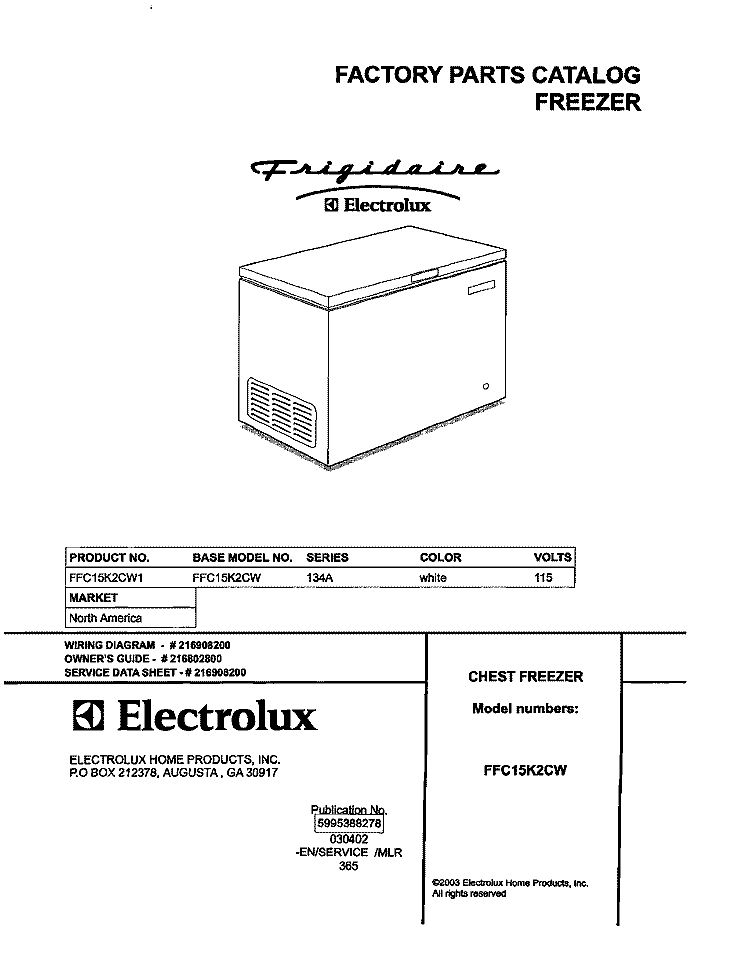 COVER Diagram and Parts List for  Frigidaire Freezer